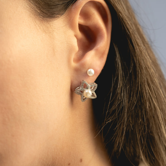 Blumen-Ohrstecker mit Perle und Zirkonia - Sterling Silber