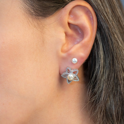 Blumen-Ohrstecker mit Perle und Zirkonia - Sterling Silber