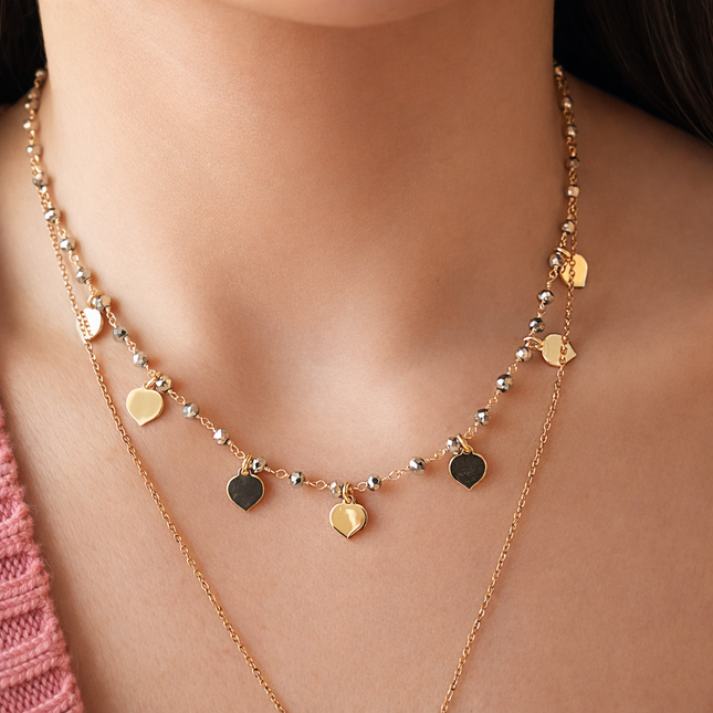 Halskette mit grauen Steinen und Herzen  - Sterling Silber