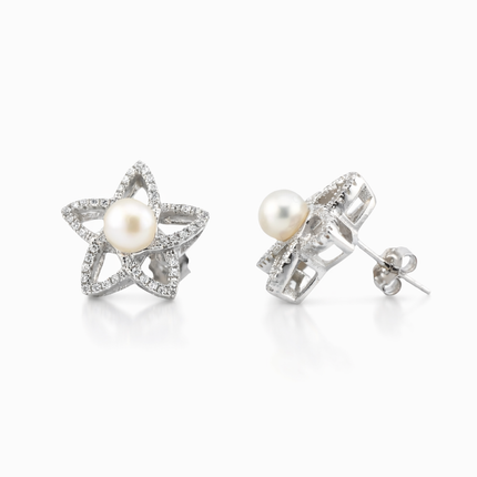 Blumen-Ohrstecker mit Perle und Zirkonia - Sterling Silber