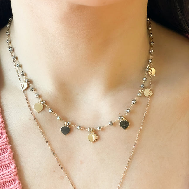 Halskette mit grauen Steinen und Herzen  - Sterling Silber